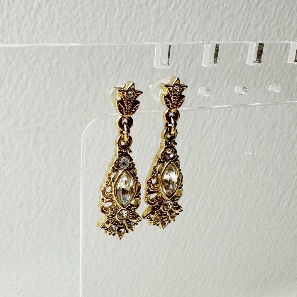 Gold Tone Rhinestone Filigree Earrings - Picture 3 of 3